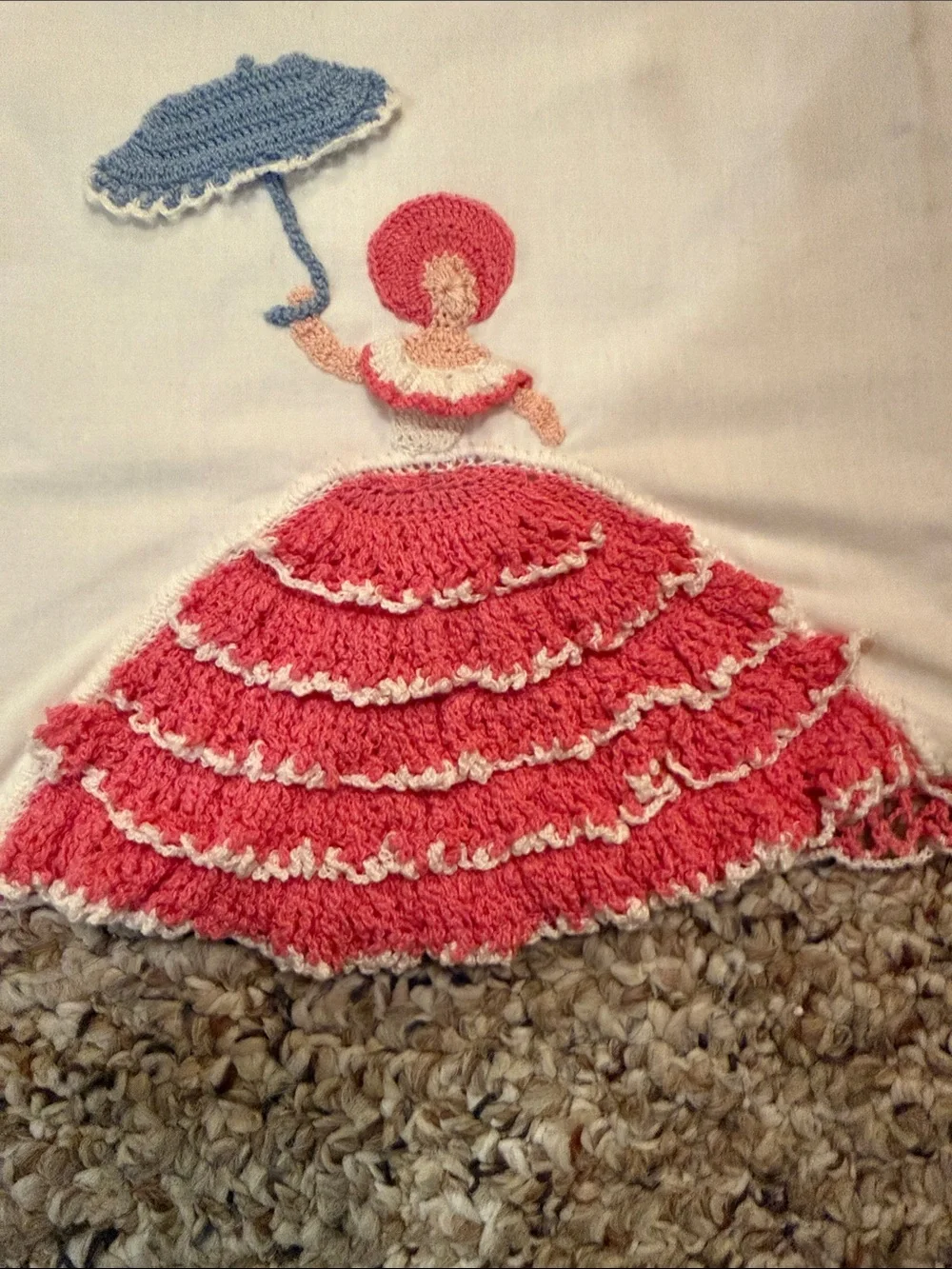 Embroidered White Cotton Bedding Throw with Pink Lady Motif